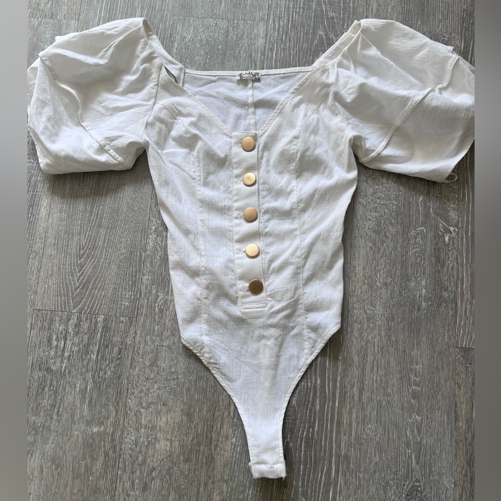 Free People Linen White Puff Sleeve Button Front Bodysuit